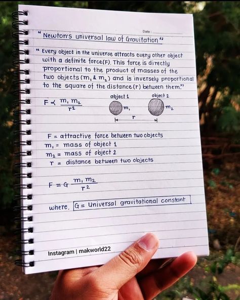 Study notes📒📝📚 (Newton's Universal law of gravitation) . . Materials used: Pen : Montex Spice Gel Notebook : A5 notebook by @kalp.shop . . . . #calligraphy #alphabets #fonts #calligraphylettering #calligraphybasics #calligraphyvideo #calligraphyart #calligraphydaily #calligrafriends #physicsnotes #handwriting #handwritinggoals #upsc #generalknowledge #handletteringdaily #art #artdaily #calligraphyday #moderncalligraphy #instaart #knowledge #physics #reelsinstagram #viralart #artreels #scien... Gravitation Notes, Alphabets Fonts, Calligraphy Alphabets, Calligraphy Video, Physics Notes, Writing Goals, Notes Inspiration, A5 Notebook, Diy Journal