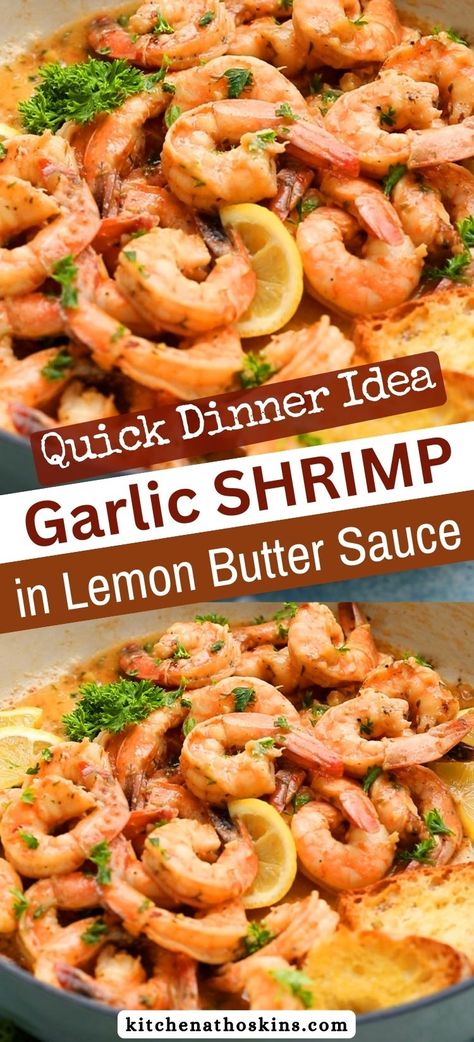 Learn how to make the best garlic butter shrimp recipe which makes a quick and easy weeknight dinner in 20 minutes. Tender and juicy shrimp is tossed in a lemon garlic butter sauce and is delicious served with bread, pasta or rice. Get the easy garlic shrimp recipe using fresh or frozen shrimp at kitchenathoskins.com. Shrimp Butter Sauce, Easy Garlic Shrimp, Sauteed Shrimp Recipe, Shrimp Sauce Recipes, Best Garlic Butter, Lemon Butter Shrimp, Easy Shrimp Scampi Recipe, Frozen Shrimp Recipes, Snails Recipe