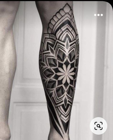 108 Tattoo, Calf Sleeve Tattoo, Calf Tattoo Ideas, Geometric Tattoo Leg, Thigh Tattoo Men, Knee Tattoos, Tiger Tattoo Sleeve, Shin Tattoo, Dr Woo