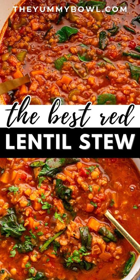 Discover the best lentil stew recipe! Packed with dried lentils, fresh veggies, flavorful spices, and hearty greens, it's simple, nourishing, and delicious. Red Lentil Stew Recipes, Recipes With Red Lentils, Chili Board, Cottage Roll, Red Lentil Stew, Green Lentil Soup, Lentil Stew Recipes, Lentil Recipes Healthy, Red Lentil Recipes