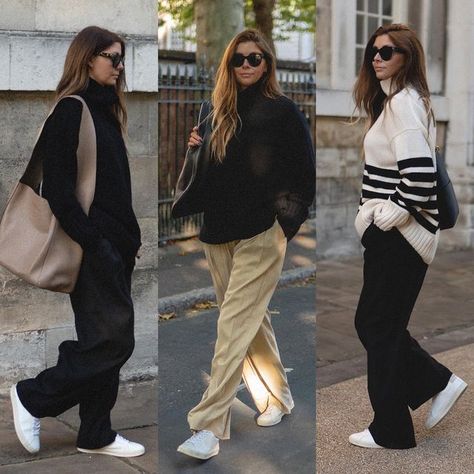 Chunky Trainers Outfit, Tailored Trousers Outfit, Black Jumper Outfit, Sweater Outfit Ideas, Emma Hill, Postpartum Fashion, Cute Sweater Outfits, Outfit Ideas For Fall, Trainers Outfit