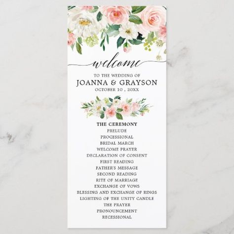 $2.70 | Blush Pink Florals Modern Botanical Wedding #blush floral rose peony, elegant modern blush watercolor florals, modern gold geometric frame, spring midsummer wedding, blush pink pastel waterclor floral, peach and cream flowers, mint green sage, pale pink coral wedding, soft pink sage floral wedding, botanical wedding program card Bridal March, Wedding Program Design, Coral Wedding Invitations, Peach And Cream, Peonies And Hydrangeas, Modern Botanical, Coral Wedding, Blush Pink Weddings, Geometric Wedding