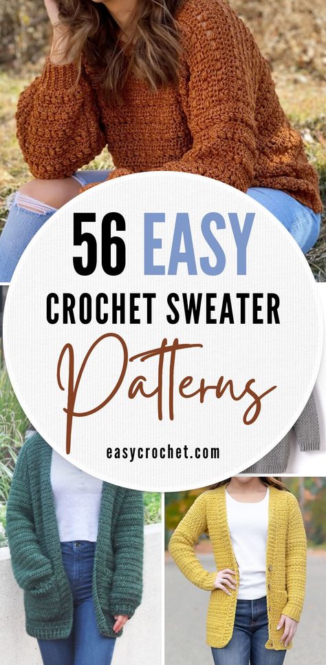 56 Free Easy Crochet Patterns for Sweaters and Cardigans Crochet Womens Cardigan Sweater Pattern Free, Easy Crocheted Sweater Patterns Free, Crochet Free Sweater Patterns, Free Crochet Womens Sweater Patterns, Free Crocheted Sweater Patterns, Free Crochet Patterns For Cardigans, Easy Beginner Crochet Cardigan, Easy Crochet Sweater Pattern Free Simple, Crochet Easy Sweater Pattern Free