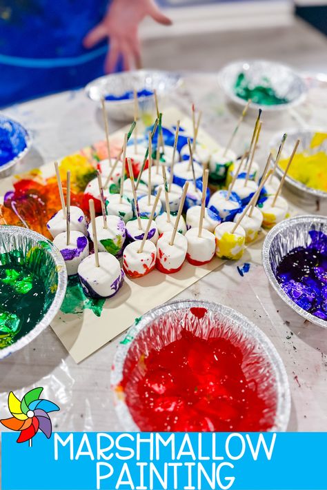 Color Mixing Projects For Preschoolers, Preschool Make And Take Activities, Smores Art Preschool, Painting Crafts Preschool, Fun Themes For Preschool, Camping For Toddlers Activities, Camping Process Art Preschool, Painting With Marshmallows, Hot Cocoa Toddler Activities