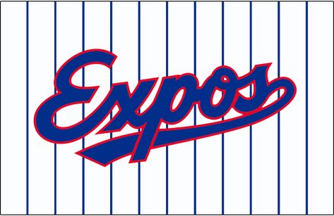 Montreal Expos Jersey Logo (1992) - Expos scripted with underscore in blue with a red outline on a white uniform with blue pinstripes. Worn on the Montreal Expos home uniforms from 1992 until 2004 Softball Logos, Name Logos, Red Outline, White Uniform, Baseball Teams Logo, Montreal Expos, Baseball Logo, 1st Love, Virtual Museum