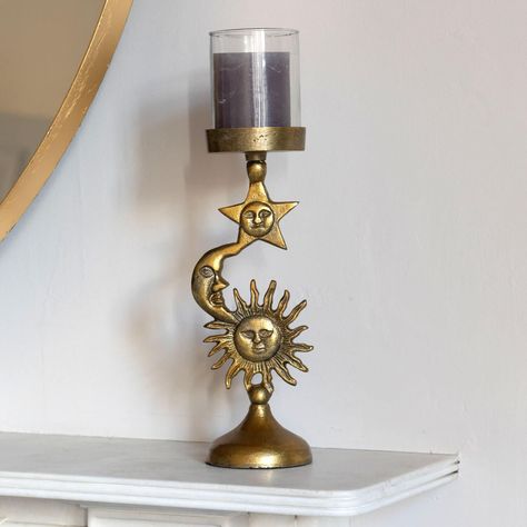 Celestial Candle Holder, Sun And Moon House Decor, Antique Gold Decor, Whimsigoth Decor Ideas, Celestial Home Aesthetic, Whimsy House Decor, Celestial Furniture, Green And Gold Room, Celestial Living Room