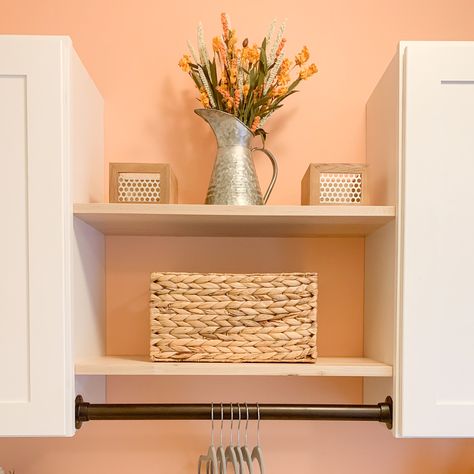 Room Reveal - Tangerine Laundry Room Peach Laundry Room Ideas, Orange Laundry Room Ideas, Peach Laundry Room, Orange Laundry Room, Builder Grade Laundry Room, Condo Lifestyle, Laundry Diy, Laundry Room Colors, Laundry Shelves