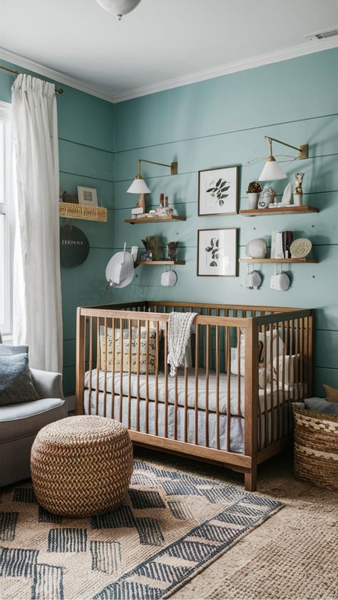 Discover the latest nursery room design trends for creating a cozy and functional space for your little one. Get inspired by beautiful nursery decor ideas to make the perfect haven for your baby. From whimsical wall art to comfortable furniture choices, explore ways to design a nurturing environment that stimulates growth and development. Find tips on organizing and optimizing space in the nursery while maintaining a stylish aesthetic. Turquoise Nursery Boy, Vintage Forest Nursery, White Wall Nursery, Accent Wall For Nursery, Boy Nursery Ideas Simple, Simple Boy Nursery, Green And Blue Nursery, Blue Green Nursery, Woodsy Nursery