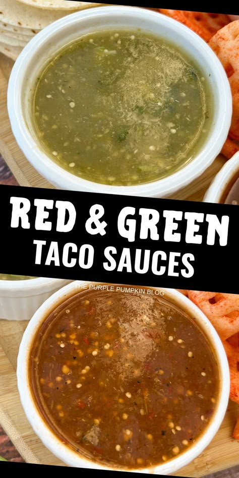 Transform your tacos with these amazing Mexican sauce recipes for tacos. The green Mexican sauce offers a spicy blend, while the red Mexican sauce provides a rich, flavorful profile. Made with fresh ingredients and simple to prepare, these sauces are perfect for tacos, tortilla chips, and other Mexican dishes. Enjoy the vibrant flavors of Mexican cuisine at home. Visit The Purple Pumpkin Blog for the recipes. Street Taco Red Sauce Recipe, Tomatillo Green Sauce, Traditional Mexican Tacos, Del Taco Green Sauce Recipe, Taco Truck Red Sauce, Homemade Sauce For Tacos, Mexican Red Sauce For Tacos, Spicy Mexican Sauce For Tacos, Street Taco Green Sauce