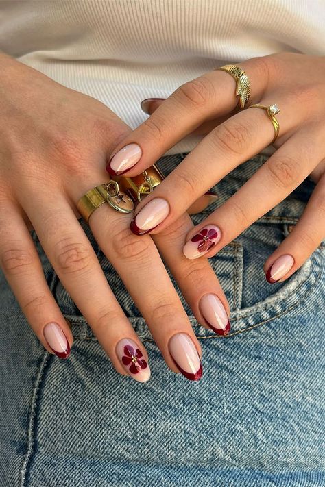 Burgundy Bloom French Elegance, stylish autumn nails, autumn nail art, autumn nail designs, trendy fall nails Burgundy Nail With Design, French Tip Nails With Nail Art, Autumn Biab Nail Designs, Cool Nail Inspiration, Autumn Nail Tips, Maroon Summer Nails, Maroon Tips On Nails, Burgundy Spring Nails, Red Flower French Tip Nails