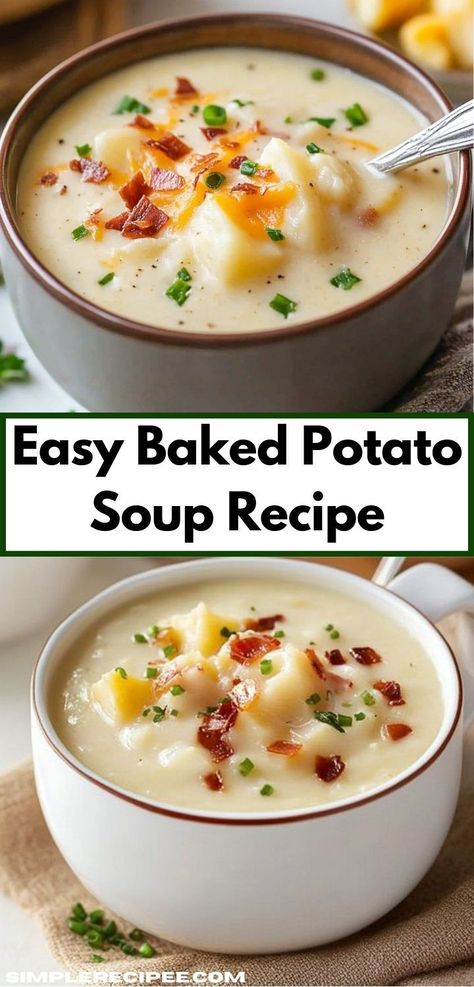 Need a simple, satisfying meal? Discover this Easy Baked Potato Soup Recipe that combines delicious flavors and effortless preparation. Ideal for busy weeknights, it’s a wholesome option for families seeking cozy dinner ideas. Easy Baked Potato Soup Recipe, Easy Baked Potato Soup, Baked Potato Soup Easy, Easy Baked Potato, Baked Potato Soup Recipe, Cream Of Potato Soup, Potato Soup Easy, Loaded Baked Potato Soup, Creamy Potato Soup