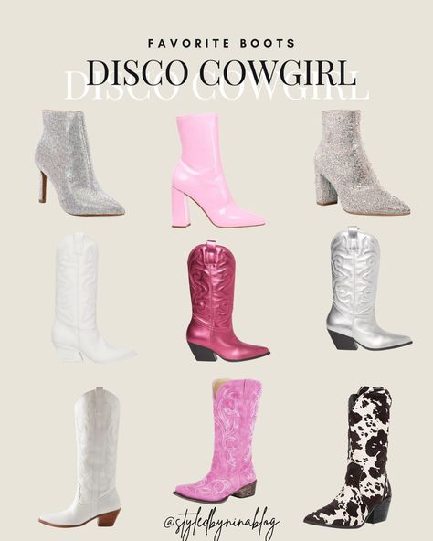 disco cowgirl - space cowboy - nashville bachelorette outfits - nashville outfits - austin outfits - rodeo outfits - cowboy boots - pink cowboy boots - pink boots - silver boots - white cowboy boots - bachelorette outfits for the bride - bridesmaid bachelorette party outfit - country concert outfits - sequins - cow print - steve madden - western style - western fashion - NFR outfits Follow my shop @styledbyninablog on the @shop.LTK app to shop this post and get my exclusive app-only content! Space Cowgirl Shoes, Steve Madden Cowgirl Boots Outfit, Disco Cowgirl Concert Outfit, Nashville Bridesmaid Outfit, Girly Cowgirl Outfit, Space Cowboy Party Theme Outfit, Nashville Outfits Pink Boots, Disco Cowgirl Bachelorette Outfit Pink, Cowgirl Boots Party Outfit