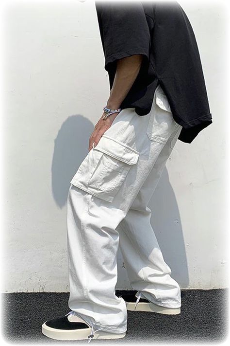 White Pants Streetwear Men, Loose Cargo Pants Outfit Mens, Mens Baggy Cargo Pants, White Baggy Pants Outfit Men, Cargo White Pants Outfit, Cream Cargo Pants Outfit Men, Baggy White Cargo Pants, White Pants Outfit Men, Mens Cargo Pants Outfit