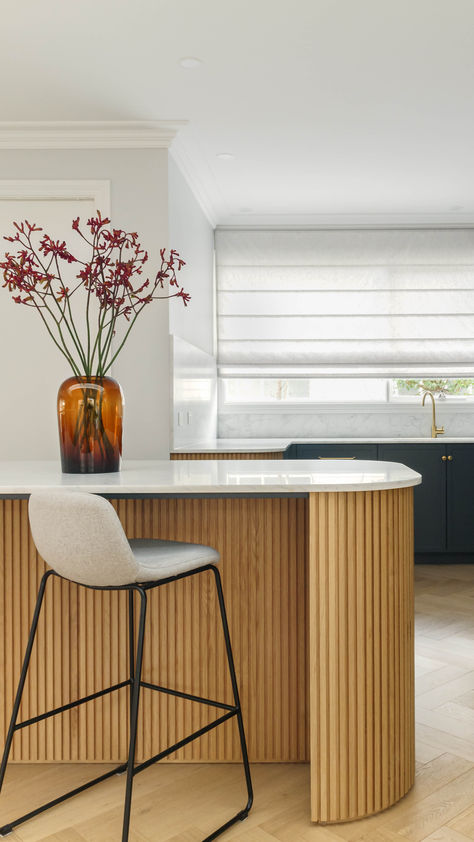 Incredible revival of a 1980s home from Instile Interiors with beautiful timber panelling enveloping the kitchen and bar with natural warmth. Photography: Kate Hansen, Timber Panelling: Porta Contours, Pinnacle, in Tasmanian Oak. Warmth Photography, 1980s Home, 1980s Kitchen, Window Furnishings, Water Based Primer, Design Window, Tasmanian Oak, Timber Panelling, Masonry Wall