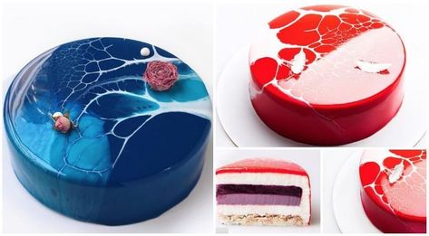 These Mirror Cakes by Ksenia Penkina ... Mirror Glaze Recipe, Chocolate Mirror Glaze, Mirror Glaze Cake Recipes, Glaze Cake, Galaxy Cake, Mirror Glaze Cake, Mirror Cake, Cake Hacks, Mirror Glaze