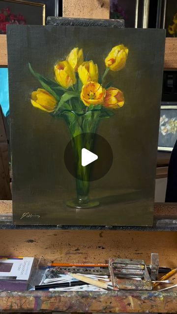 @elizabethrobbinsart on Instagram: "Tulips!  #ontheeasel #tulips #flowerpainting #stilllifeartist #stilllifepainting #representationalart #allaprima #oilpainting #springtime" Textured Tulip Painting, Abstract Tulips Acrylic, Tulips Oil Painting, Tulip Garden Painting, Oil Painting Tulips Flower, Vase Of Tulips Painting, Tulip Artwork, Still Life Artists, Tulip Painting