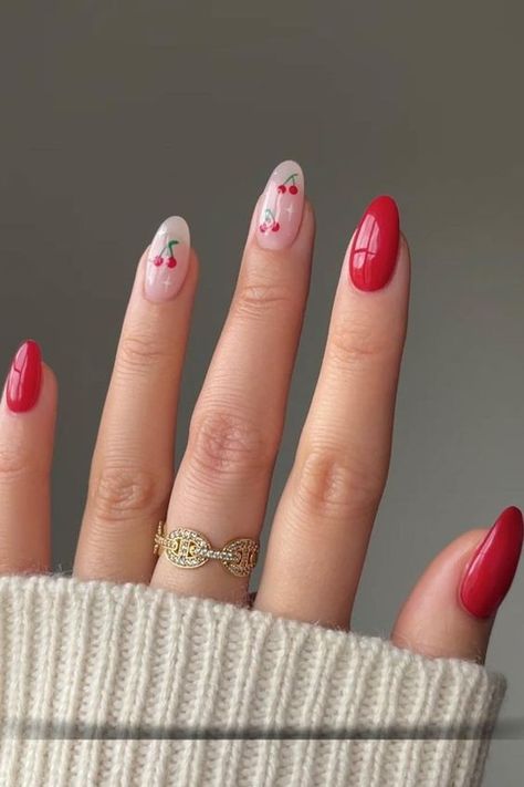 21 Valentine Nail Ideas For 2024 - Lauren Erro Cherry Summer Nails, Bright Red Nail Designs, Simple Cherry Nails, Classic Summer Nails, Summer Red Nails, Valentine Nail Ideas, Clear Glitter Nails, Red Summer Nails, Short Red Nails