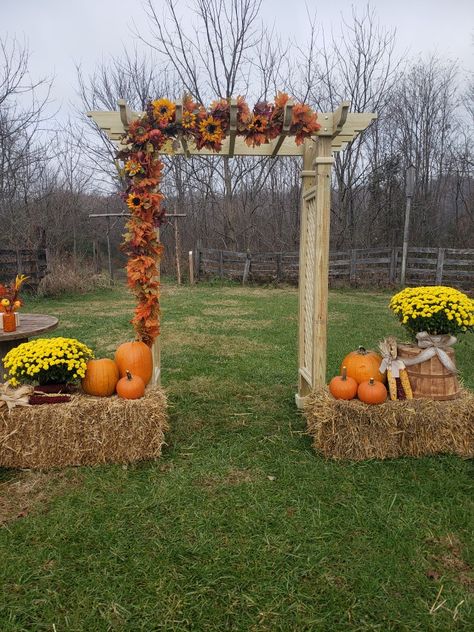 Fall Wedding Arbor, Fall Arbor, Backyard Fall Wedding, Wedding Pergola, Fall Wedding Arches, Fall Ceremony, Fall Wedding Reception, Ceremony Decor Ideas, 10 Year Vow Renewal