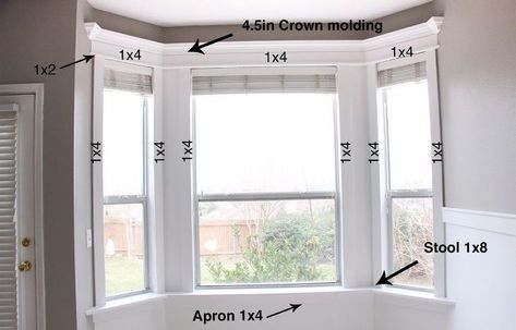 diy crown molding home improvement Crown Molding On Windows, Crown Molding Around Windows, Bay Window Trim Ideas Interior, Bay Window Molding, Window Architrave, Bay Window Trim, Molding Around Windows, Library Windows, Diy Crown Molding