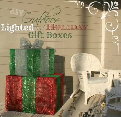 outdoor lighted holiday gift boxes, christmas decorations, crafts, seasonal holiday decor Diy Outdoor Lighted Gift Boxes, Diy Light Up Present Boxes, Outdoor Christmas Gifts, Outdoor Christmas Diy, Christmas Gift Boxes, Deco Mesh Christmas Wreaths, Christmas Ornament Wreath, Porch Christmas, Easy Christmas Gifts