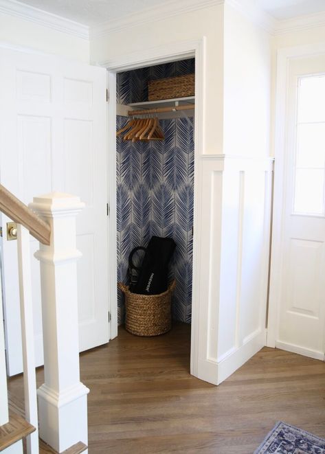 Foyer Coat Closet Makeover - Shine Your Light Foyer Coat Closet, Foyer Closet Makeover, Closet Wallpaper Ideas, Small Coat Closet Ideas, Entryway Coat Closet, Entryway Nook, Coat Closet Makeover, Coat Closet Ideas, Coat Cupboard