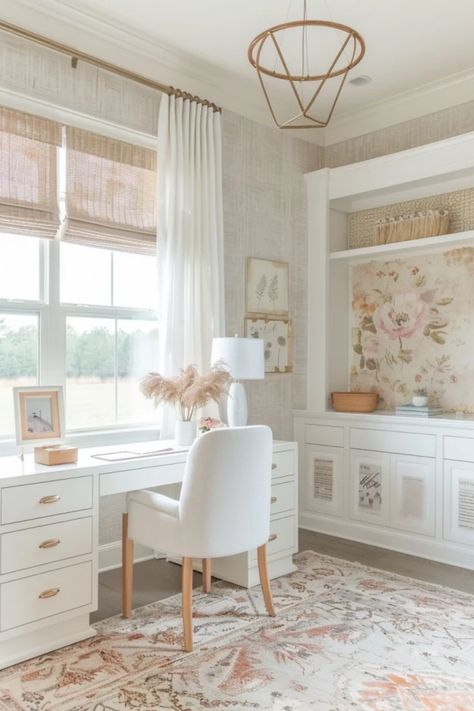 Bright and airy home office with a white desk and chair, built-in shelves, and a floral wall art accent. Home Office For Small Spaces, Wallpaper Home Office, Windowless Office, Double Office, Coastal Home Office, Lady Room, Den Makeover, Feminine Home Office, Modern Office Ideas