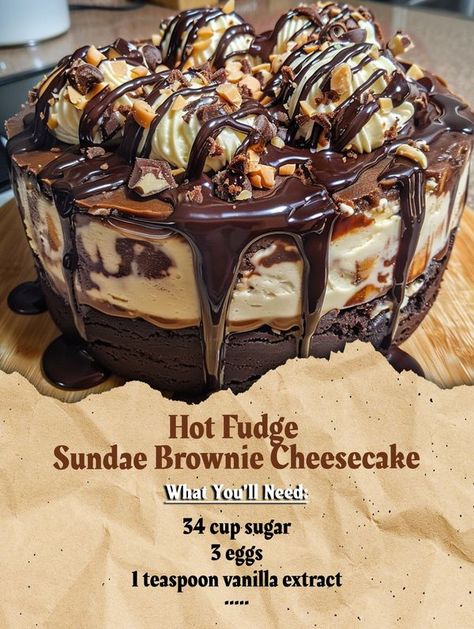 Hot Fudge Sundae Cheesecake, Hot Fudge Sundae Brownie Cheesecake, Cauliflower Fries, Fun Cheesecake Recipes, Walnut Brownie, Cheesecake Ingredients, Hot Fudge Sundae, Cheesecake Brownies Recipe, Fudge Sundae