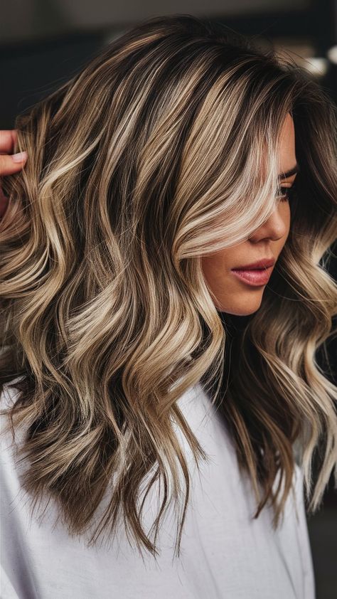 Brown And Blonde Medium Length Hair, Fall Blonde And Brown Hair, Chocolate Lowlights On Blonde Hair, Fall Hair Color With Blonde, Fall Low Lights For Blondes, Fall Dimensional Blonde, Burnett Hair With Highlights For Fall, Brunette With Heavy Blonde Highlights, Peekaboo Fall Hair Color