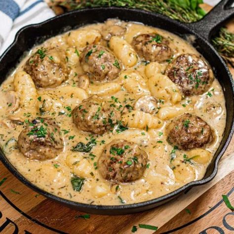 Meatballs and Gnocchi in a Creamy Mushroom Sauce - JustSoYum Creamy Beef Gnocchi, Meatballs And Gnocchi Recipes, Meatballs And Gnocchi, Meatball Gnocchi Soup, Gnocchi And Meatballs Recipes, Gnocchi And Meatballs, Meatball Gnocchi, Ravioli And Meatballs, Gnocchi Dishes