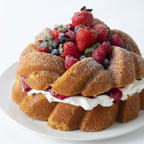 Berry Shortcake Bundt Mixed Berry Sauce, Orange Simple Syrup, Golden Berry, Bundt Recipes, Berry Shortcake, Giant Strawberry, Strawberry Birthday Cake, Cake Leveler, Berry Sauce