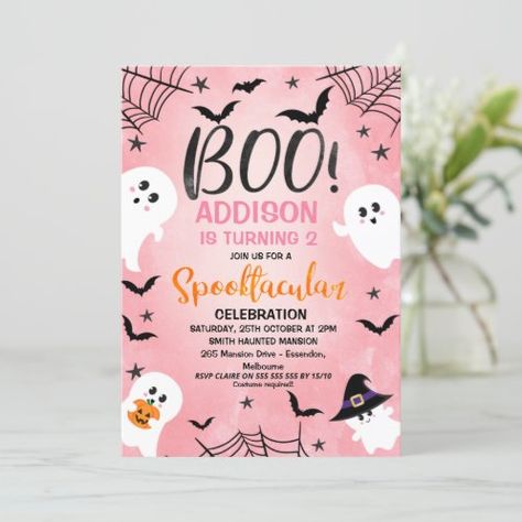 Boo Look Whos Two Birthday, Pink Halloween Party, Girls Halloween Party, Ghost Halloween Party, Halloween Party Birthday, Halloween Invitations Kids, Halloween Invitaciones, Spooky Birthday, Boo Bash