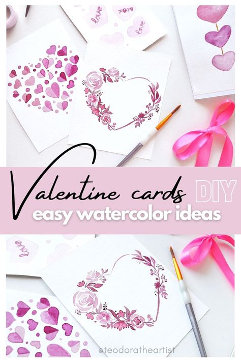 Galentines Valentines Card, Easy Watercolor Valentines, Diy Watercolor Valentines Day Cards, Watercolor Hearts Valentines Day, Simple Valentines Day Cards, Cute Valentines Day Cards Diy, Painted Valentine Cards, Watercolor Valentine Cards Diy, Watercolor Valentines Day Cards