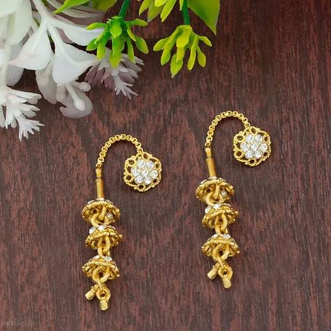 Get the latest pair of sui dhaga earrings from Kalyan Jewellers. Choose from Antique, traditional, lightweight collections. Sui Dhaga Gold Earrings, Sui Dhaga Gold Earrings Design, Sui Dhaga Earrings, Gold Earrings Design, Kalyan Jewellers, New Gold Jewellery Designs, Fancy Jewellery Designs, Earrings Design, Fancy Jewellery