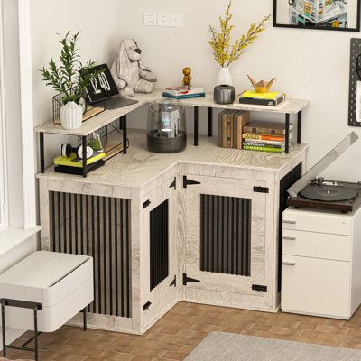 Our dog crate is designed in an L-shape. This crate fits perfectly in the corner of the house, next to the bar. Our large dog crate furniture is equipped with a removable divider in the middle of the two cages. You can easily switch between one or two rooms by assembling and disassembling. | Tucker Murphy Pet™ Large Corner Dog Crate Furniture For 2 Dogs w / 2 Drawers, L Shape Dog Crate Cage w / Room Divider | 43.3 H x 67 W x 33.5 D in | Wayfair Corner Dog Crate Furniture, Corner Dog Crate, Large Dog Crate Furniture, Dog Bunk Beds, Rv Design, Heavy Duty Dog Crate, Cat Crate, Narrow Living Room, Large Dog Crate