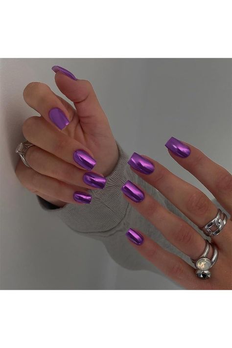 Purple Chrome Press on Nails Short Square,SXVME Gold Nail Fake Nails Medium Plating Mirror Metal Acrylic Nails,False Nails Metallic Nails Press ons Medium Length,Shiny Nail Glue on in 24PCS Short Nail Chrome, Metal Acrylic Nails, Chrome Short Nails, Nails Metallic, Purple Chrome, Nails Press Ons, Nails Short Square, Mirror Nails, Nails Press