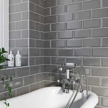 Metro bevel grey gloss tile 100mm x 200mm Grey Metro Tiles Bathroom, Metro Tiles Bathroom, Grey Bathroom Tiles, White Bathroom Tiles, Metro Tiles, Ceramic Floor Tile, Bathroom Furnishings, Tile Trends, Bath Tiles