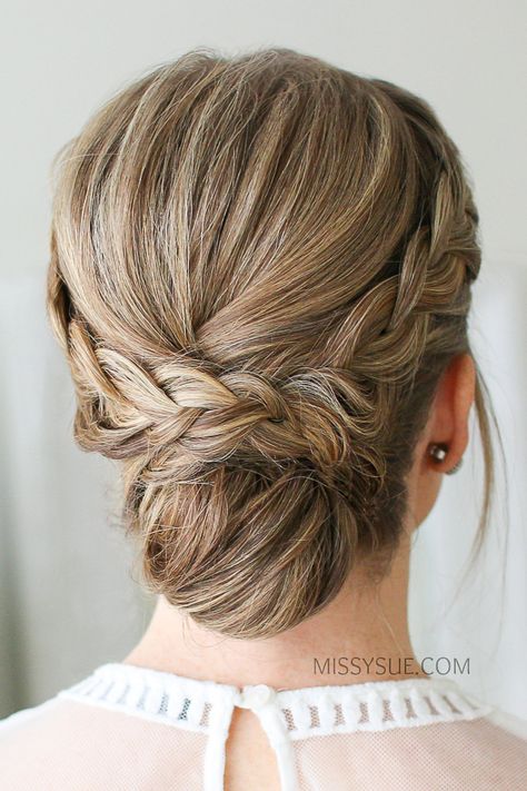 Double Braid Wrapped Roll Bun | MISSY SUE Braid Wrapped Bun, Plait Upstyles, Olivia Hair, Box Braids Updo, Missy Sue, Work Hair, Braided Bun Hairstyles, Lace Braid, Double Braid