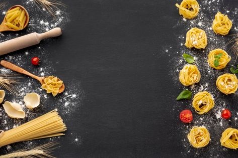 Uncooked pasta assortment with flour on ... | Free Photo #Freepik #freephoto #background #food #black-background #space Pasta Fusilli, Pizza Box Design, Pizza Art, Nutrition Month, Food Graphic Design, Italian Pasta, Food Safety, Griddle Pan, Premium Photo