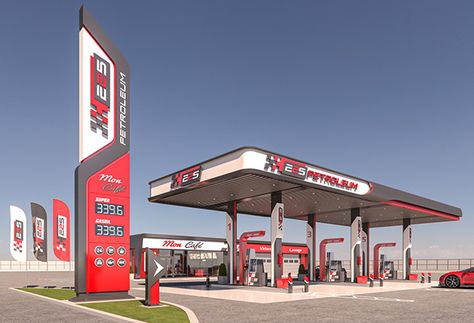 Modern Gas Station, Gas Station Design, Shell Gas Station, Architecture Industrial, Totem Design, Roof Trusses, Glass And Aluminium, Petrol Station, Filling Station