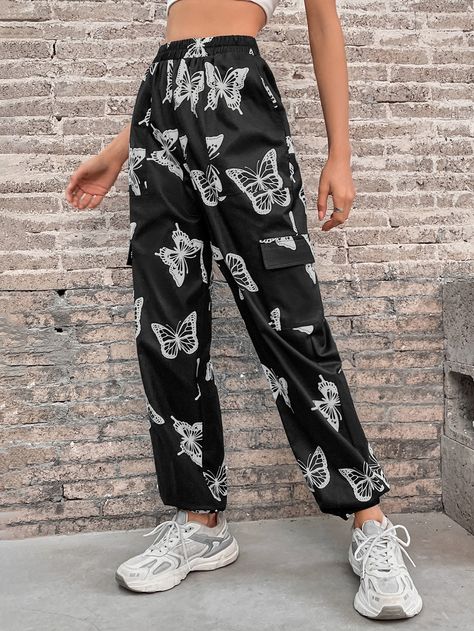 Black Casual   Polyester Butterfly Cargo Pants Embellished Non-Stretch  Women Bottoms Butterfly Cargo Pants, Pants Embellished, Women Bottoms, Women Pants, Cargo Pants Women, Cargo Trousers, Butterfly Print, Black Casual, Cargo Pants