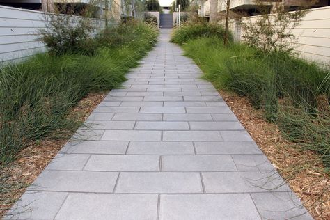 Beautiful walkway with our 12 x 24 slab!  #ackerstone #pavers #slabs Ackerstone Pavers, Landscape Walkways, Deck Fencing, Grey Pavers, Home Landscape Design, Navy Couch, Garden Entry, Walkway Garden, Paver Patterns