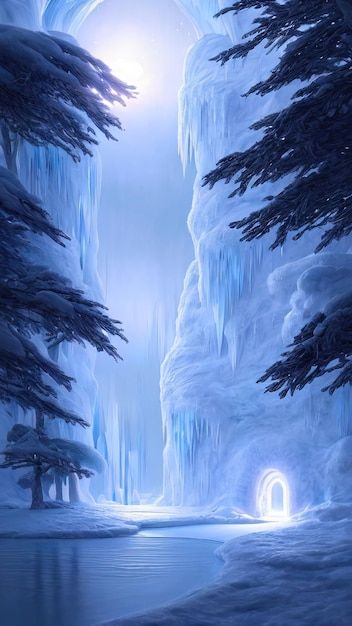 Fantasy winter landscape frozen river tr... | Premium Photo #Freepik #photo #winter-sky #winter-landscape #snow-tree #winter-forest Snowy Forest Reference, Fantasy Ice Landscape, Fantasy Snow Landscape, Winter Fantasy Aesthetic, Fantasy Winter Landscape, Forest Portal, Portal Magic, Fantasy Snow, Ice Landscape