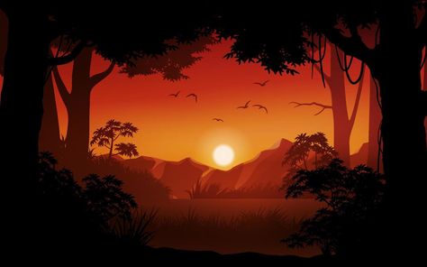 Jungle Sunset Painting, Silhouette Scenery, Glowing Forest, Drawing Concepts, Landscape Silhouette, Forest Silhouette, Jungle Forest, Spiritual Wallpaper, Forest Sunset