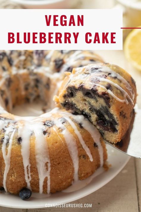 This vegan blueberry cake is absolutely PACKED with ripe, juicy blueberries, moist, tender, and drizzled with a sweet almond glaze. It's also super easy to make! Vegan Blueberry Cake, Vegan Cake Frosting, Vegan Pies Recipes, Almond Glaze, Blueberry Bundt Cake, Vegan Blueberry Muffins, Blueberry Cake Recipes, Fruit Dessert Recipes, Vegan Cake Recipes