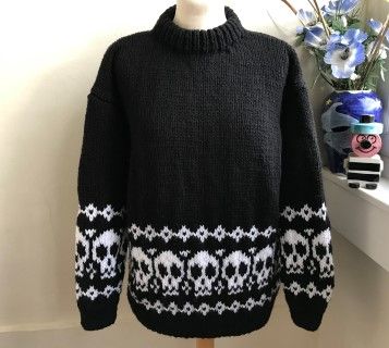 Goth Knit Sweater, Skull Sweater Knitting Pattern, Skeleton Crochet Sweater, Goth Knitting Pattern, Goth Knitwear, Goth Knitting, Lace Skull, Dresses Pattern, Hand Knitted Jumpers