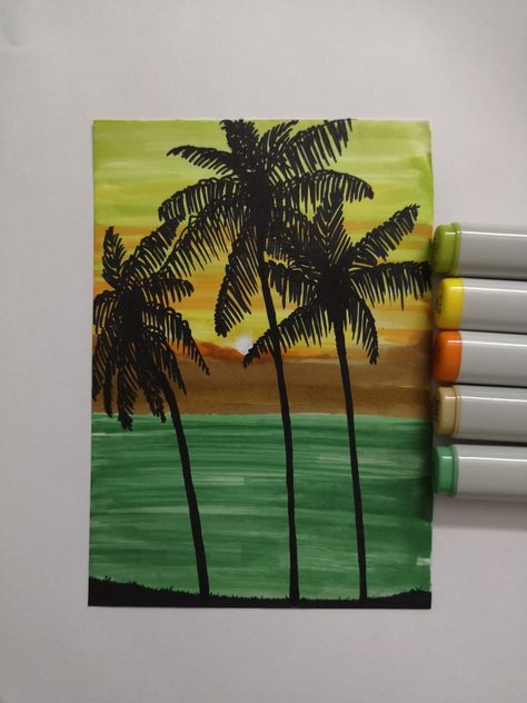 drawing with finecolors markers Markers Drawing Ideas Easy, Landscape Markers, Dual Tip Markers, Markers Drawing Ideas, Scene Drawing, Drawing For Beginners, Sunset Art, Marker Drawing, Marker Art