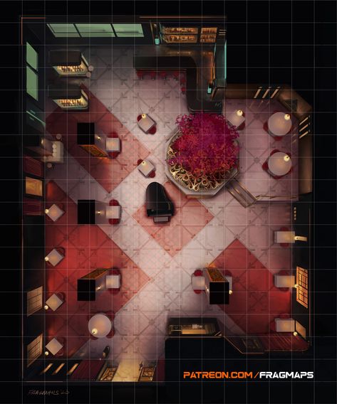 high-class luxury restaurant cyberpunk TTRPG battle map Rooftop Battlemap, Dnd Restaurant Map, Cyberpunk Restaurant, Cyberpunk Map, Cyberpunk Ttrpg, Cyberpunk Red, D20 Modern, Call Of Cthulhu Rpg, Restaurant Art