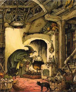 Witch over her cauldron by Philippe Fix {from "The Book of Giant Stories" by David L. Harrison} Cloud 109 blogspot ~ Halloween Photo Halloween, Baba Jaga, Vintage Witch, Baba Yaga, Halloween Illustration, Season Of The Witch, Halloween Images, Witch Art, Arte Fantasy