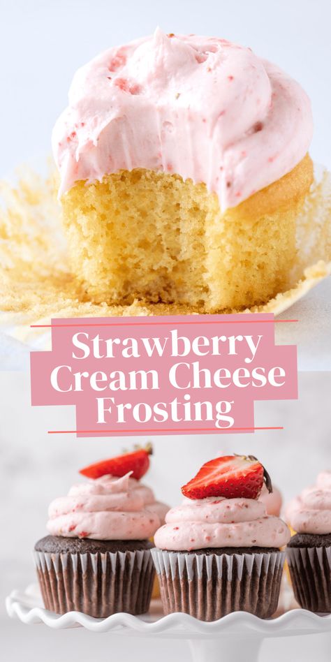 This strawberry cream cheese frosting is creamy, tangy, and packed with strawberry flavor. Our recipe uses freeze-dried strawberries AND fresh strawberries for the best strawberry flavor! Strawberry Frosting Recipe, Strawberry Frosting Recipes, Whip Frosting, Comunion Cake, Strawberry Cake Easy, Strawberry Icing, Strawberry Cream Cheese Frosting, Pumpkin Cupcake, Icing Recipes