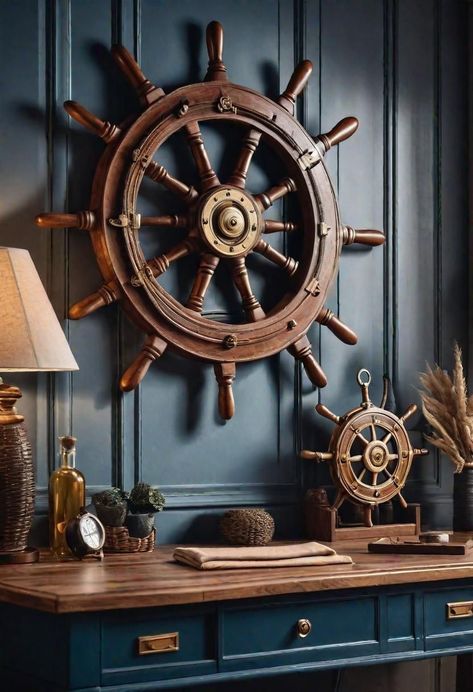 Ship Theme Decor, Sea House Interior, Ship Wheel Decor, Nautical Office, Nautical House, Lilac Bedroom, Neutral Bathroom Decor, Vintage Nautical Decor, Monochrome Bedroom